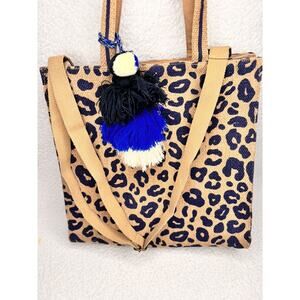 AMERICA & BEYOND ANIMAL PRINT JUTE LG TOTE BAG PURSE WITH TASSELS